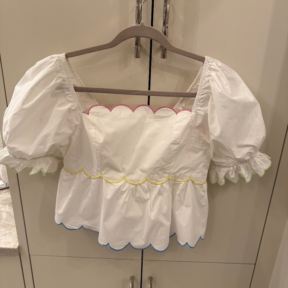 English Factory Scallop Top in White/Multi, Size S